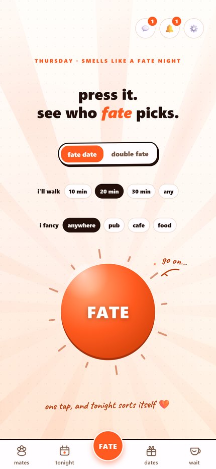 The Blind Fate home screen: one large FATE button, with filters for how far you will walk and what kind of venue.