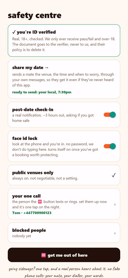 Safety centre: share your date, check-ins, and a get-me-out button.