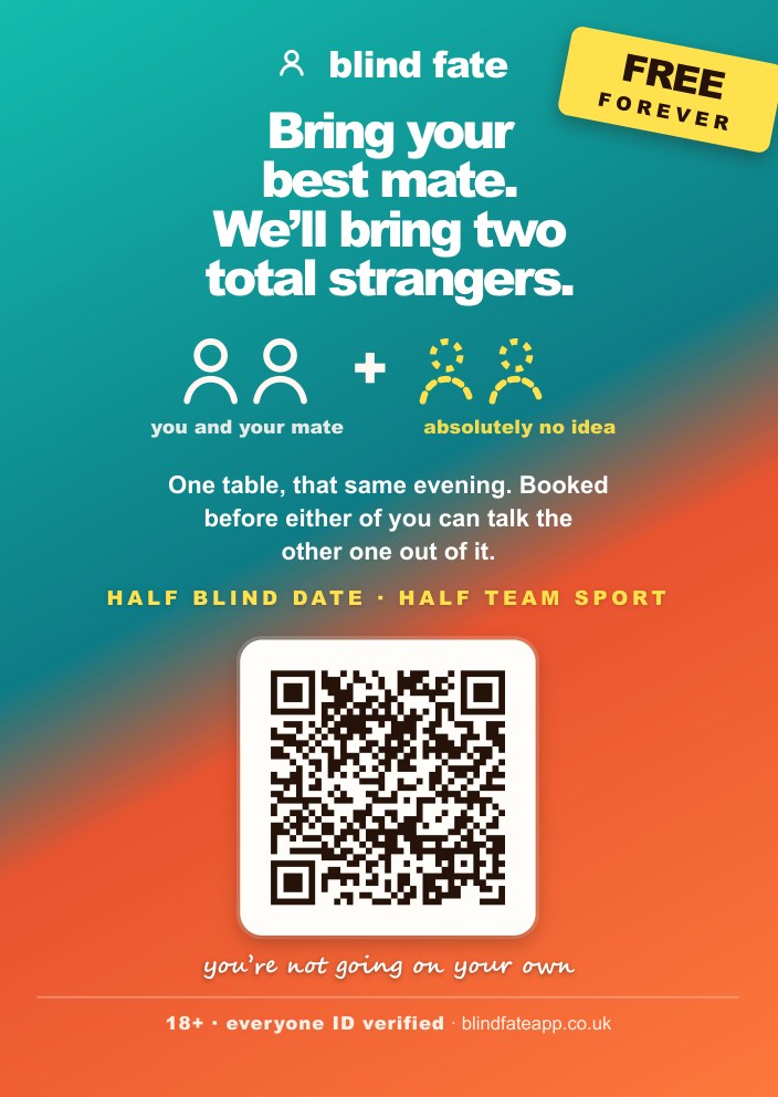 Card: Bring your best mate, we'll bring two total strangers.