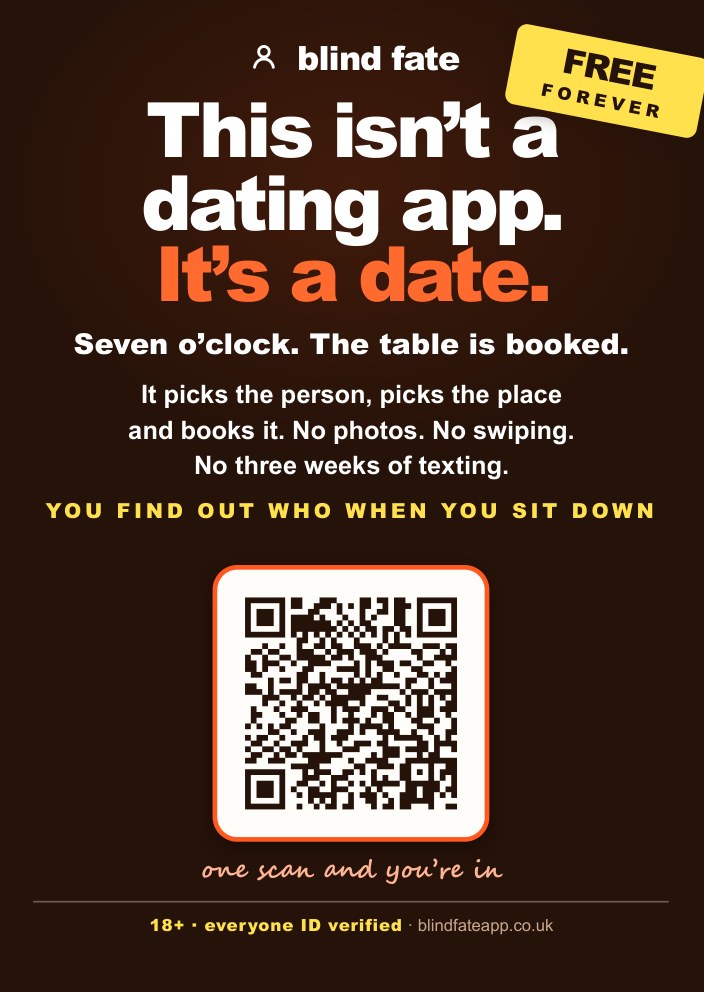 Card: This isn't a dating app. It's a date. Seven o'clock, the table is booked.