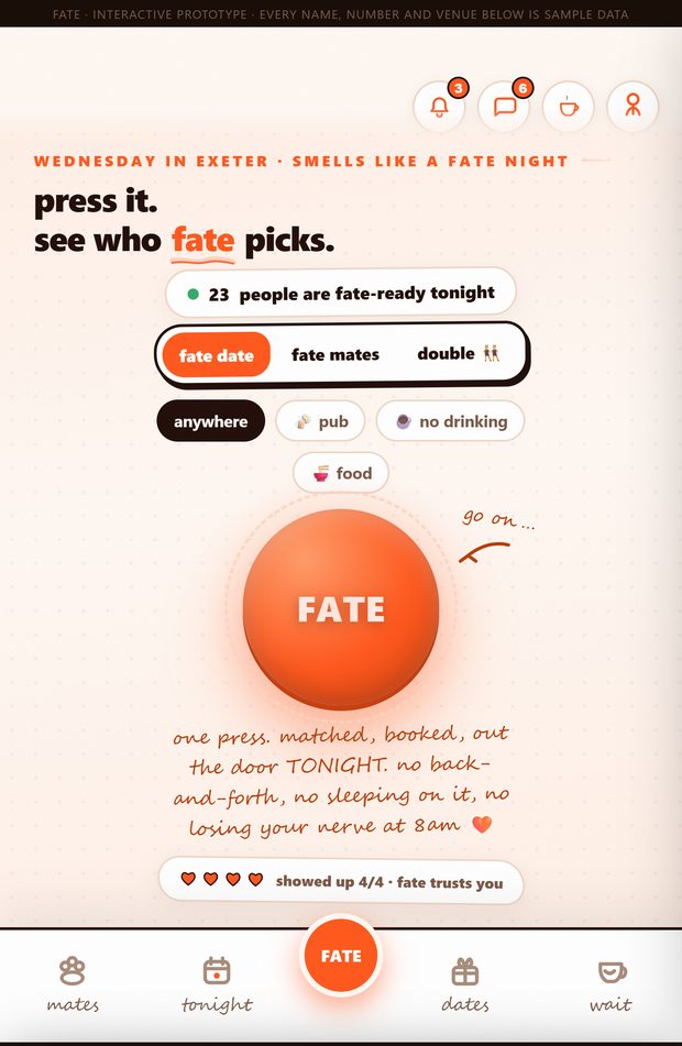 The Blind Fate home screen: one large orange button marked FATE, with pub, no-drinking and food options above it.